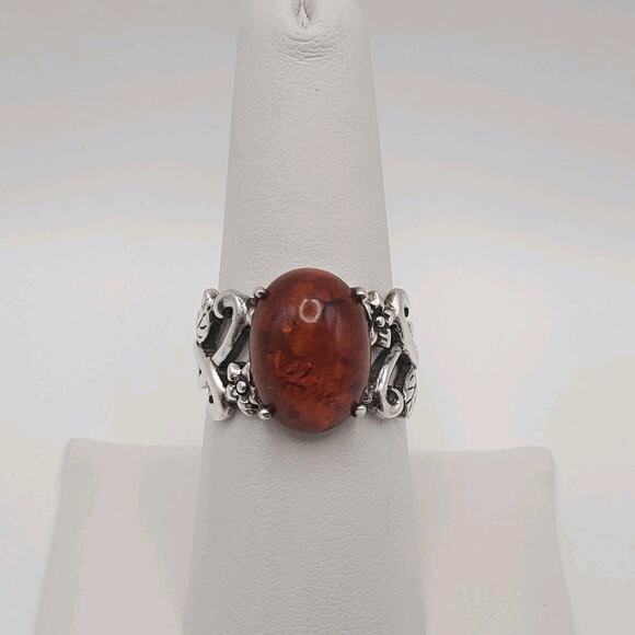Boho Floral Sterling Silver Orange Baltic Amber Cabochon Ring Size 8 - Picture 1 of 10